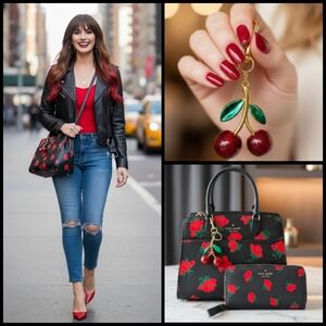 3pc Set: Kate Spade Madison Rose Printed Medium Satchel/ Matching Wallet & Charm